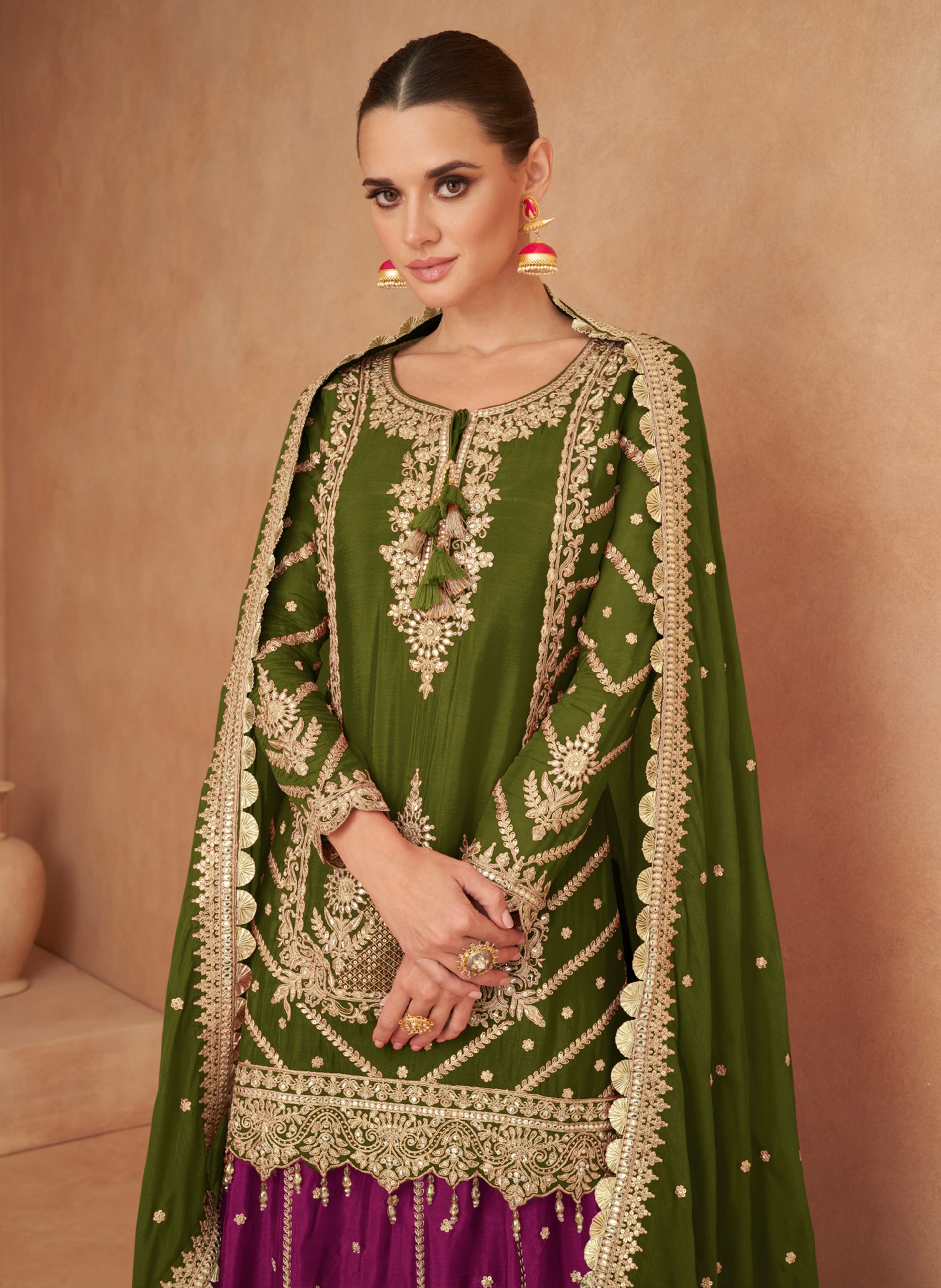 Olive Green and Purple Mirror Work Chinon Sharara Set