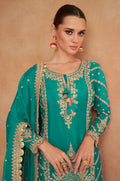 Teal Blue and Navy Blue Chinon Sharara Set with Elegant Mirror Work