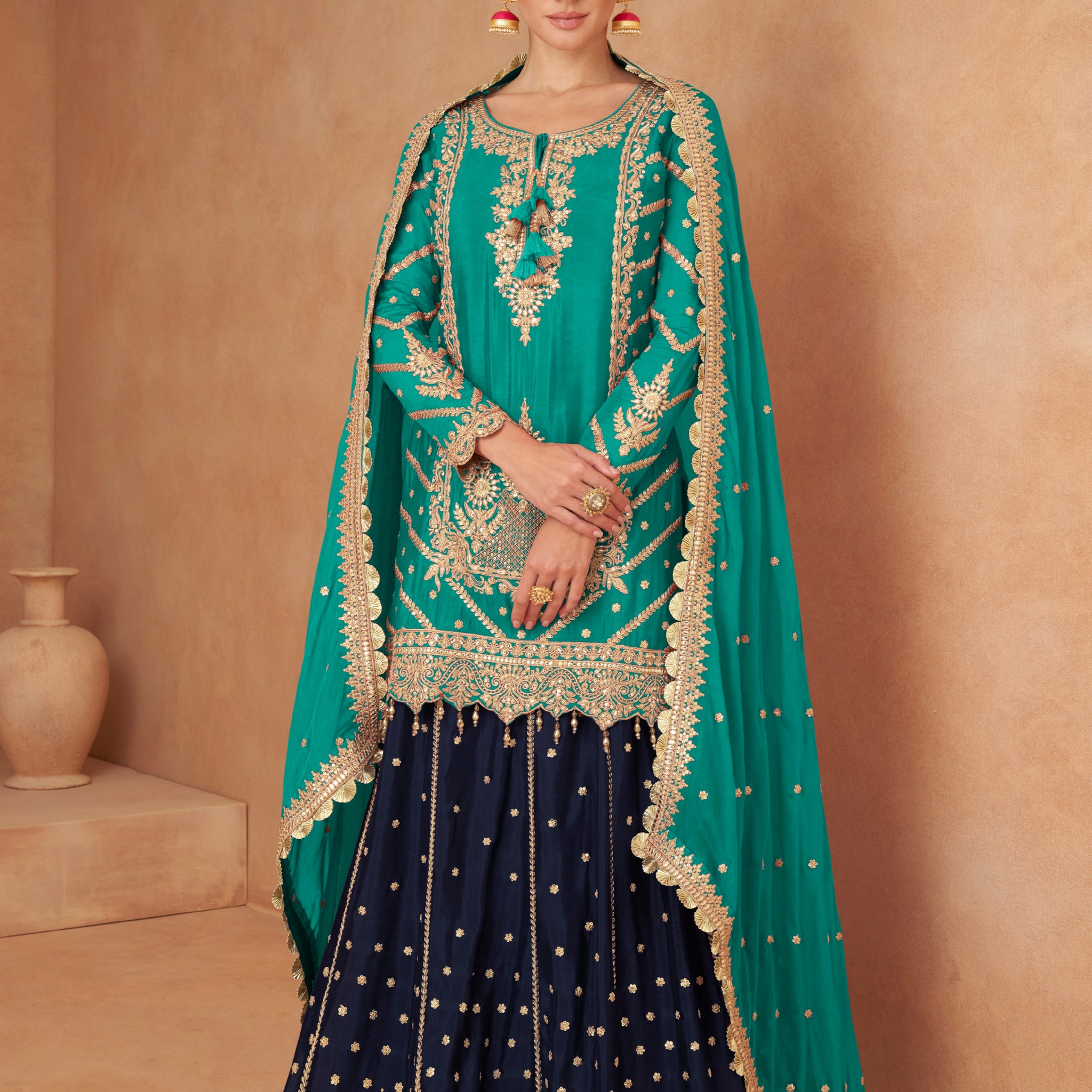 Teal Blue and Navy Blue Chinon Sharara Set with Elegant Mirror Work