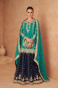 Teal Blue and Navy Blue Chinon Sharara Set with Elegant Mirror Work