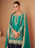 Teal Blue and Navy Blue Chinon Sharara Set with Elegant Mirror Work