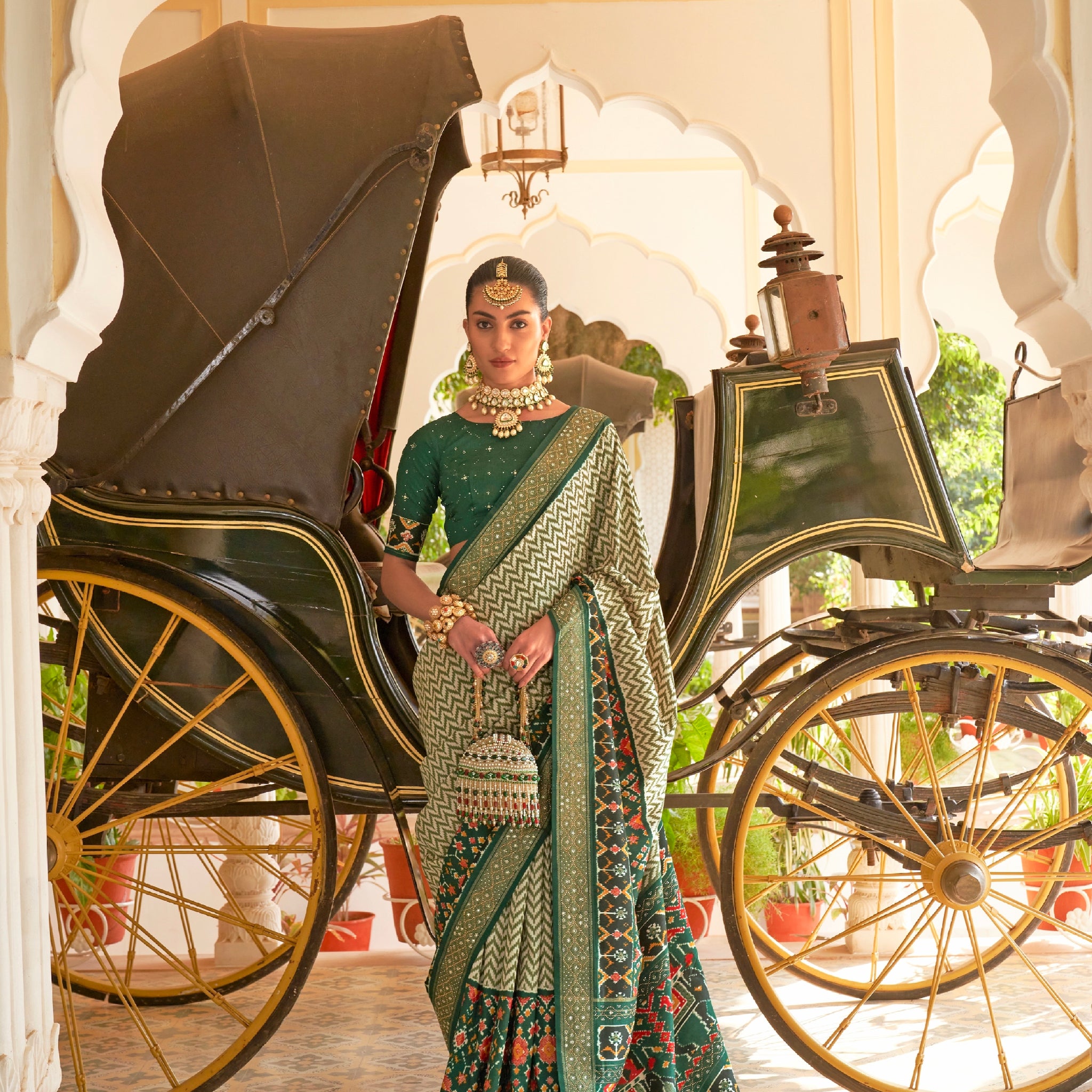 Green & Blue Patola Silk Saree & Elephant Pallu & Golden Silver Border