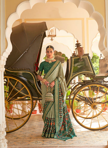 Green & Blue Patola Silk Saree & Elephant Pallu & Golden Silver Border