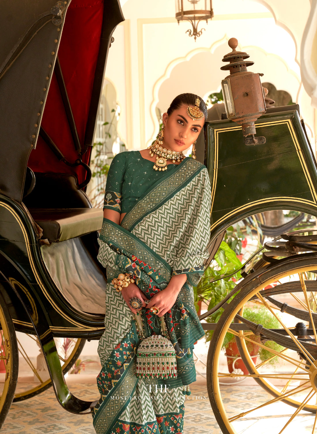 Green & Blue Patola Silk Saree & Elephant Pallu & Golden Silver Border