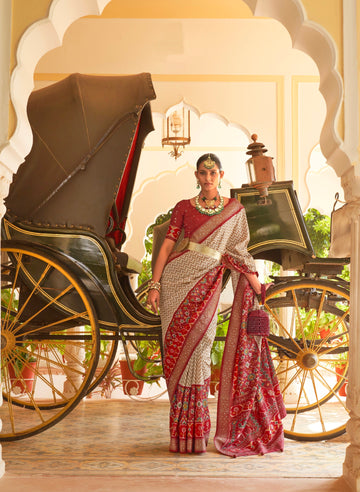 Maroon & White Patola Silk Saree with Silver Border and Elephant Pallu