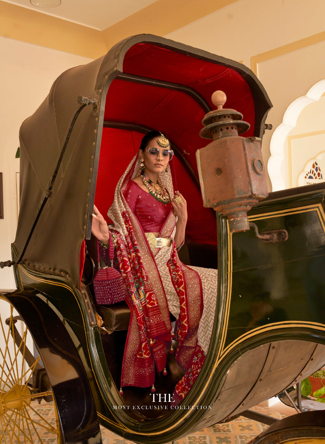 Maroon & White Patola Silk Saree with Silver Border and Elephant Pallu