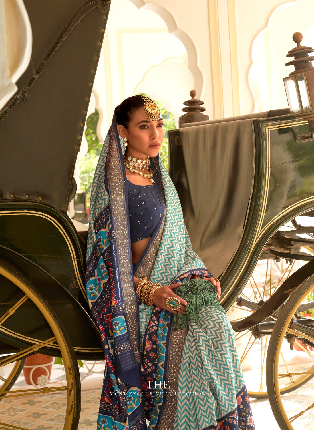 Blue & Grey Patola Silk Saree with Silver Border and Elephant Pallu