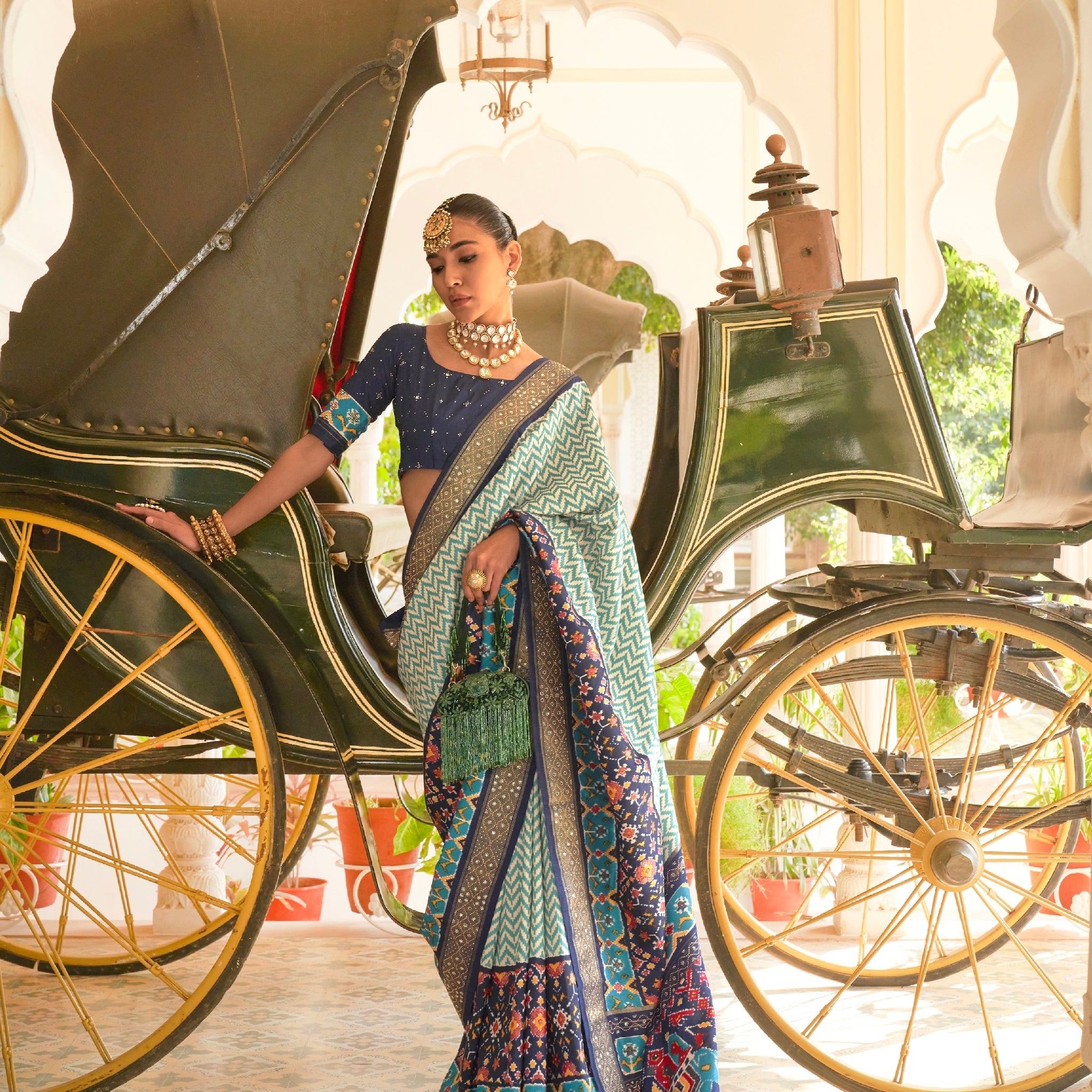 Blue & Grey Patola Silk Saree with Silver Border and Elephant Pallu