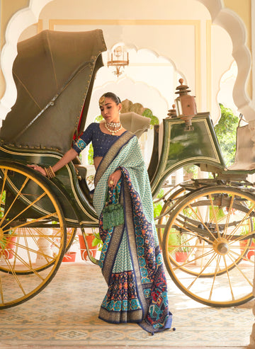 Blue & Grey Patola Silk Saree with Silver Border and Elephant Pallu