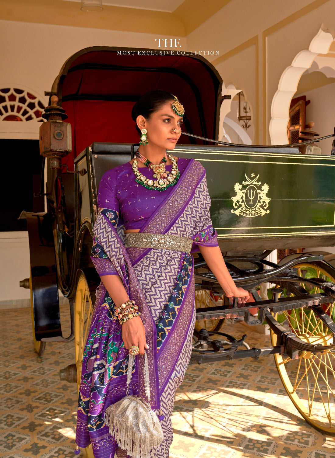 Purple & Lavender Patola Silk Saree with Silver Dew-Drop Border