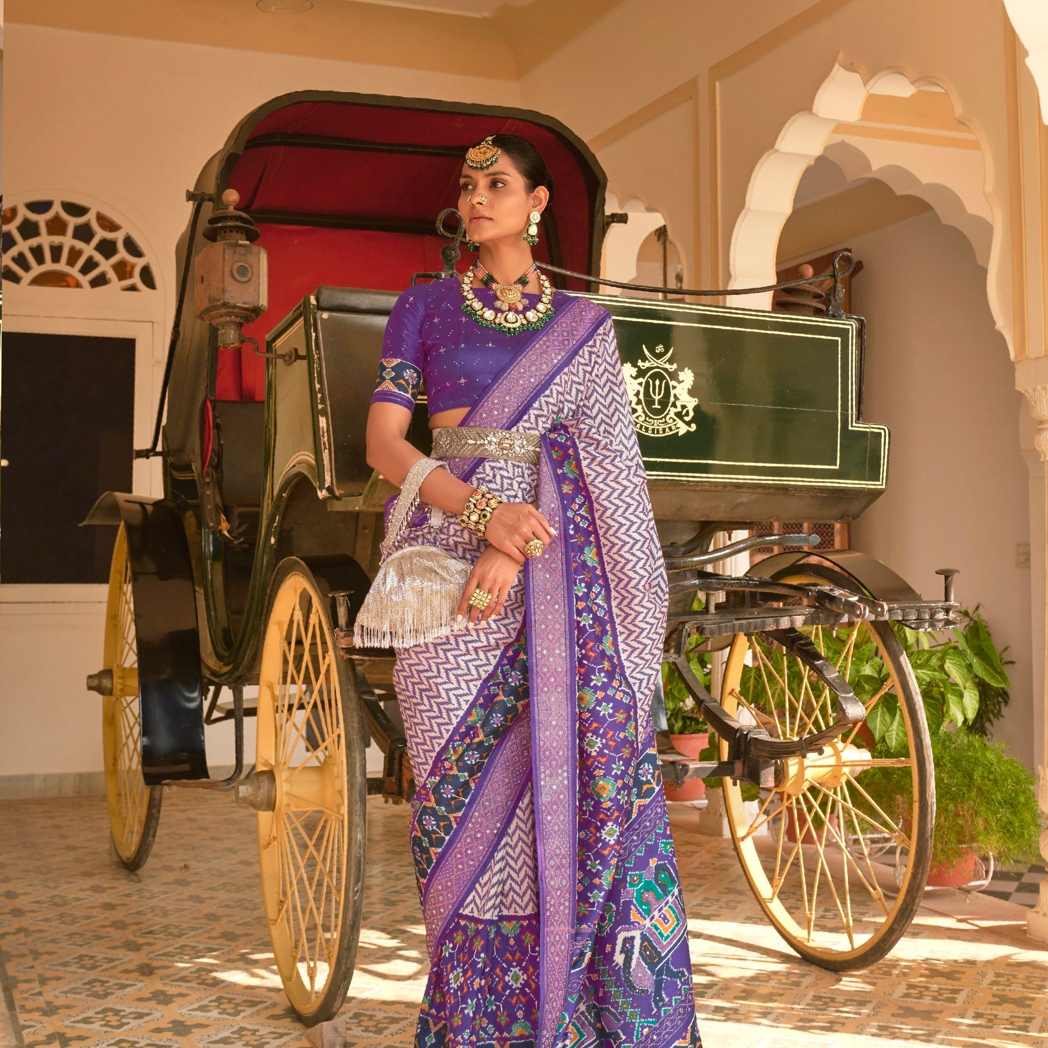 Purple & Lavender Patola Silk Saree with Silver Dew-Drop Border