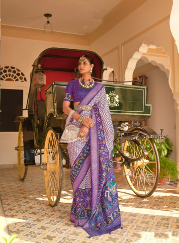 Purple & Lavender Patola Silk Saree with Silver Dew-Drop Border