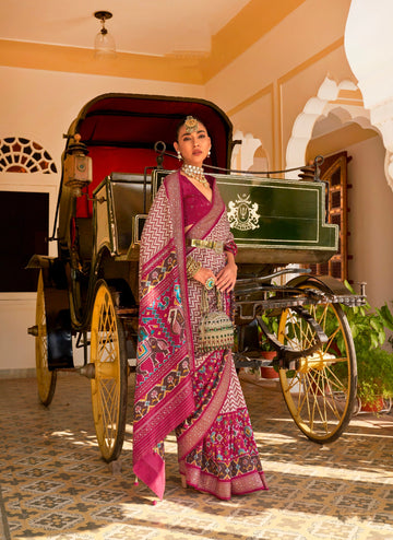 Magenta & Pink Patola Silk Saree with Silver Border and Elephant Pallu