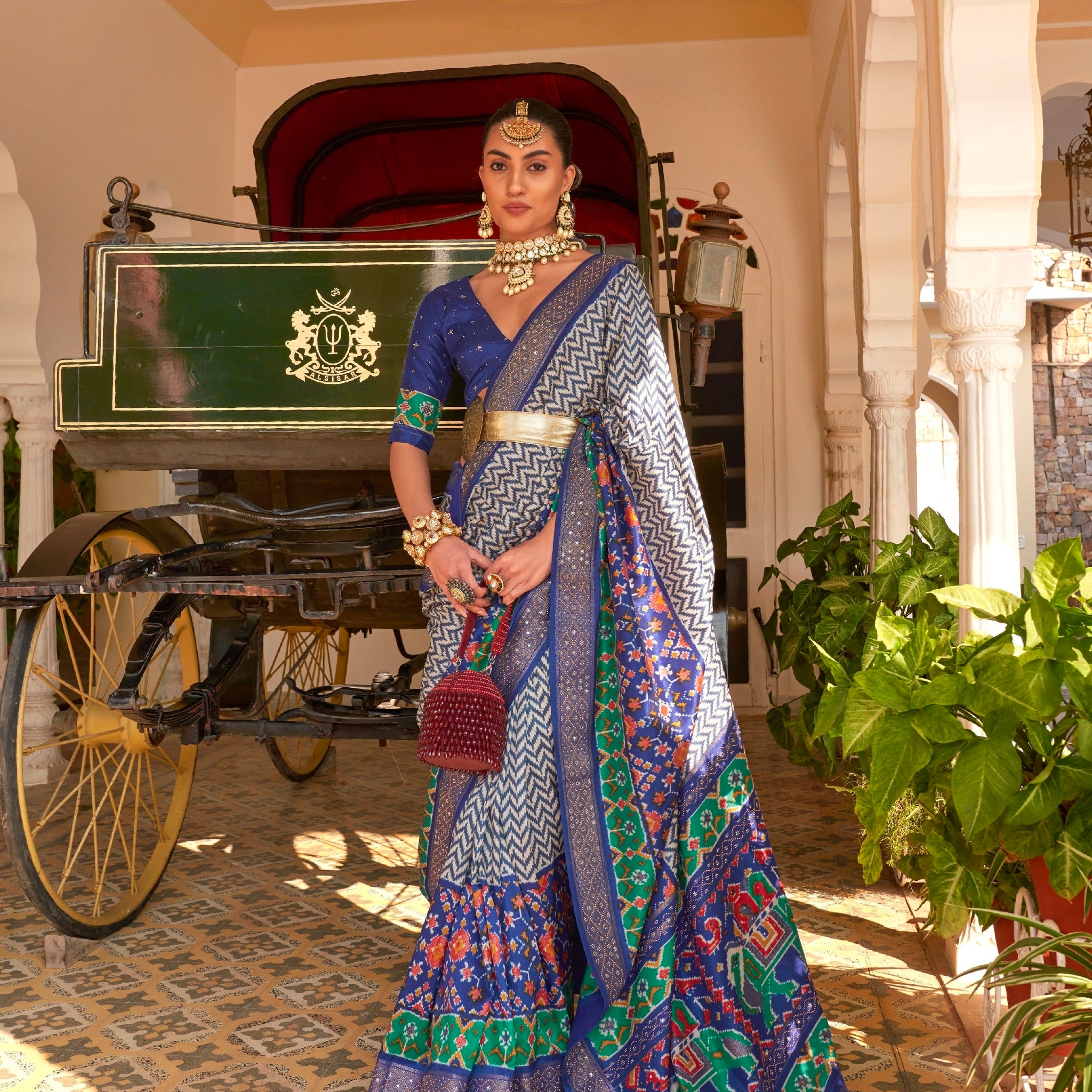 Blue & Green Patola Silk Saree with Silver Border & Elephant Pallu