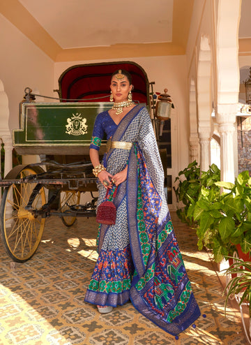 Blue & Green Patola Silk Saree with Silver Border & Elephant Pallu