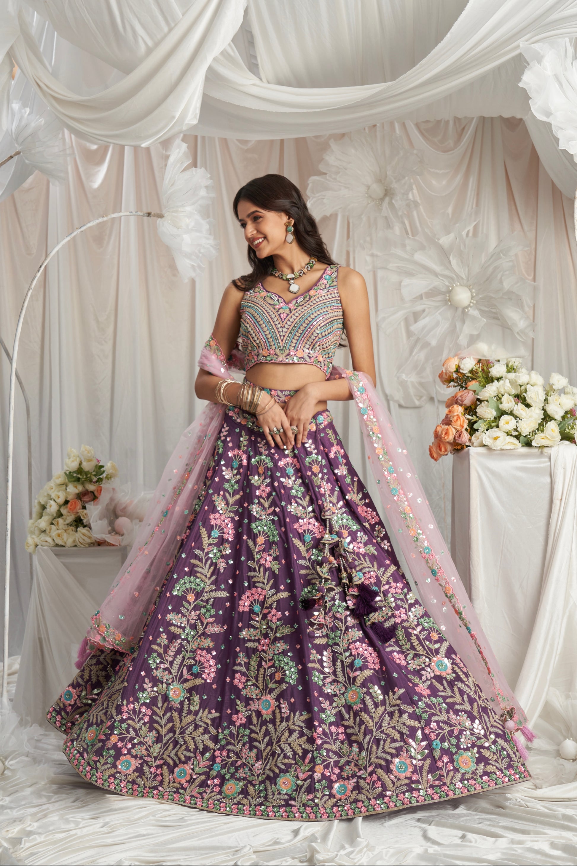 Purple Georgette Lehenga with Multi-Color Sequins & Zarkan Embroidery