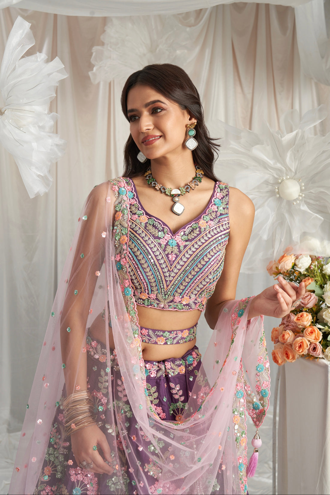 Purple Georgette Lehenga with Multi-Color Sequins & Zarkan Embroidery