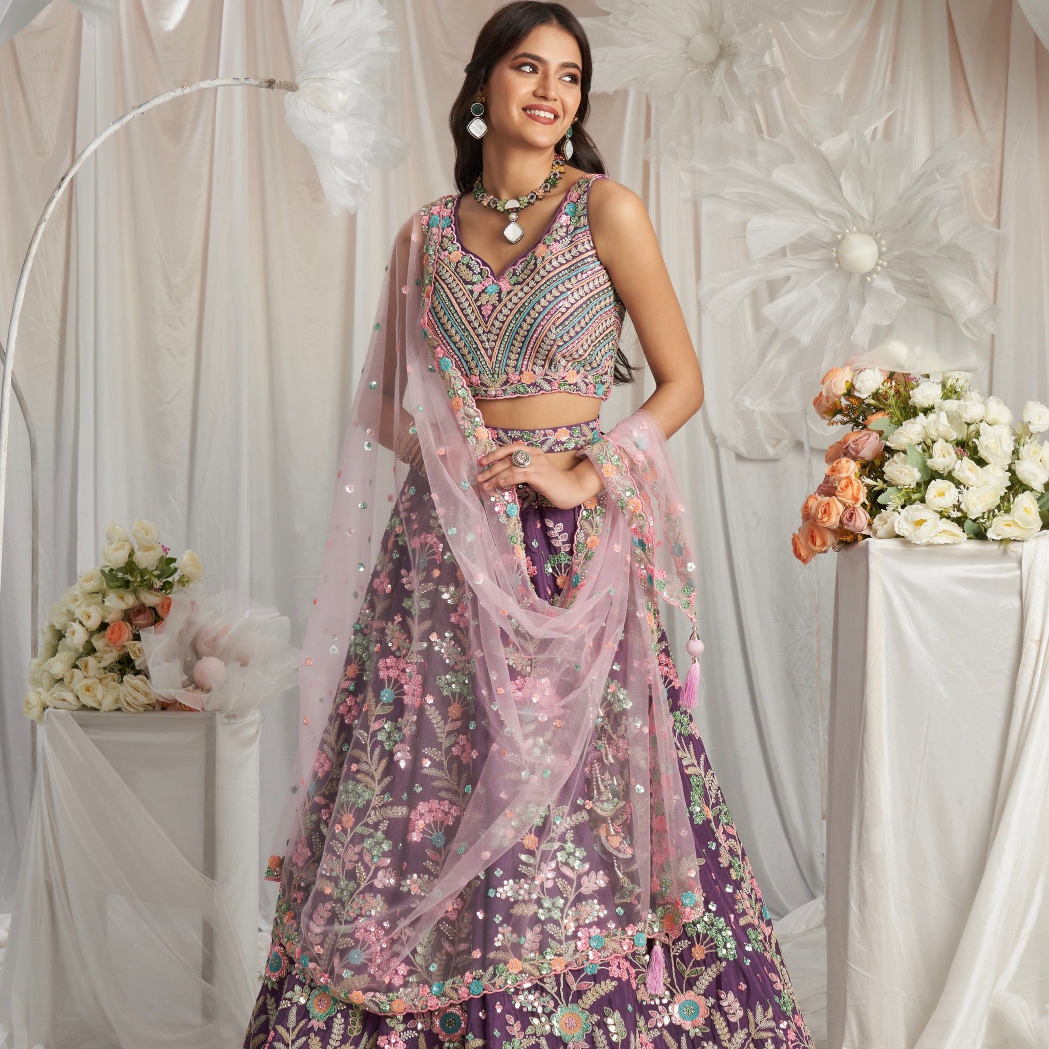 Purple Georgette Lehenga with Multi-Color Sequins & Zarkan Embroidery