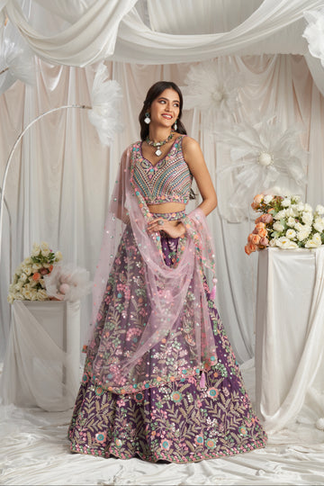 Purple Georgette Lehenga with Multi-Color Sequins & Zarkan Embroidery