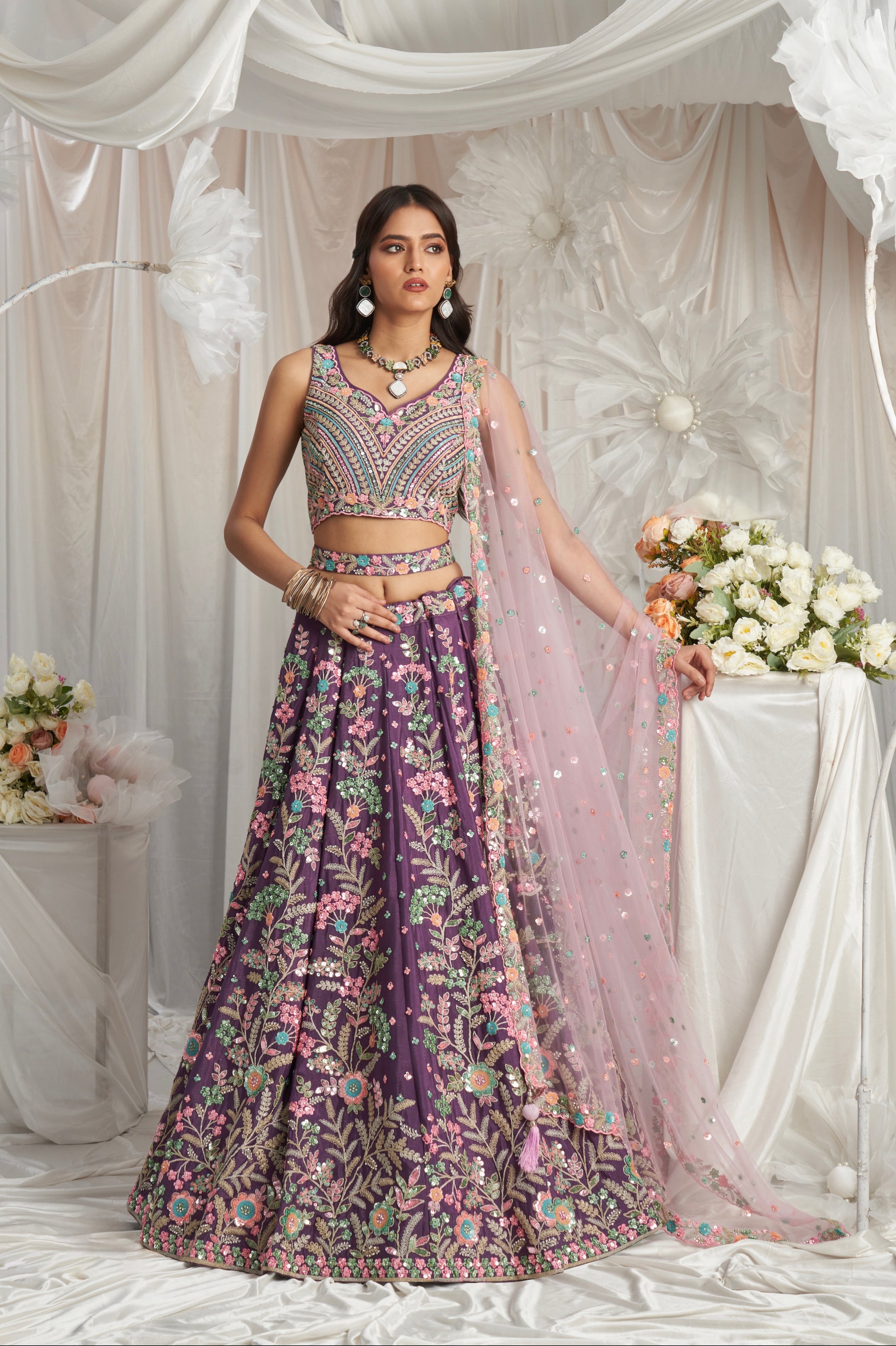 Purple Georgette Lehenga with Multi-Color Sequins & Zarkan Embroidery