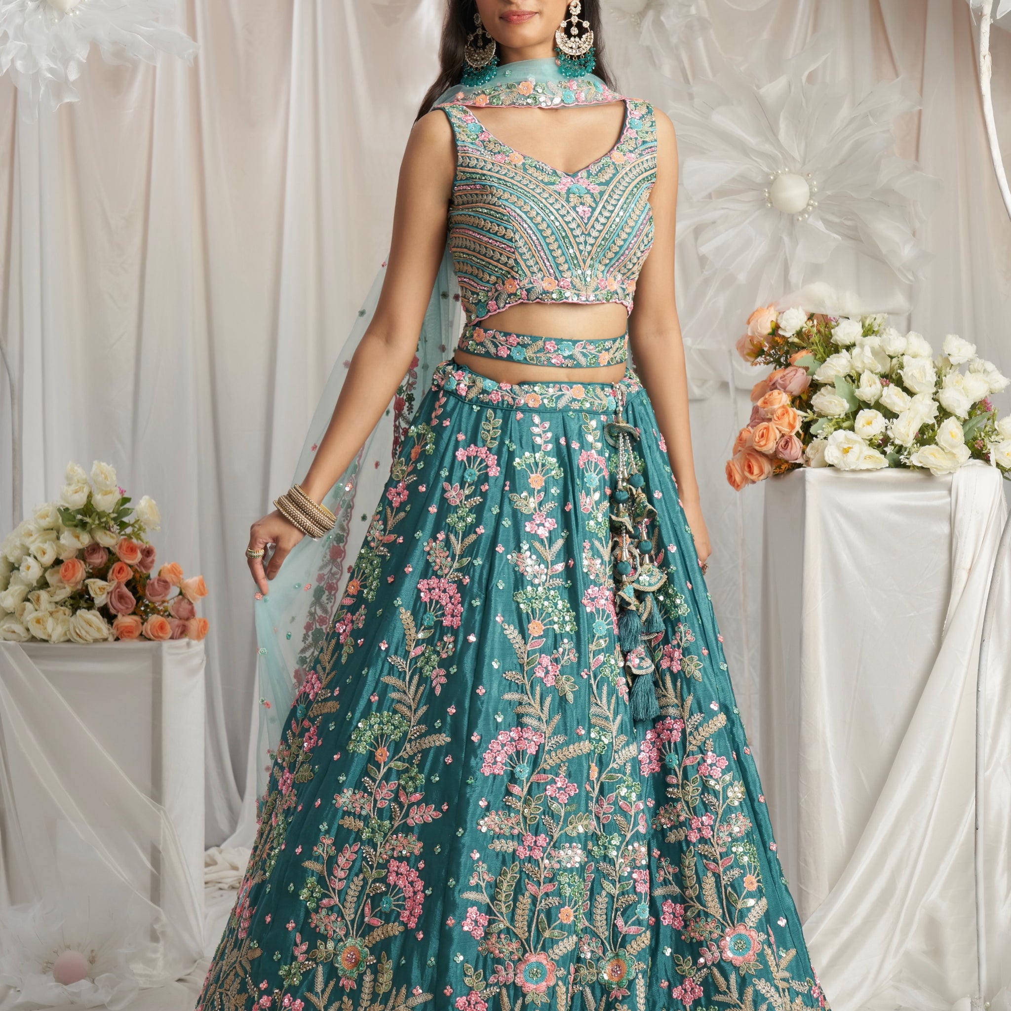 Teal Georgette Lehenga with Multi-Color Sequins & Zarkan Embroidery