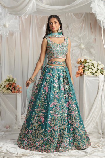 Teal Georgette Lehenga with Multi-Color Sequins & Zarkan Embroidery