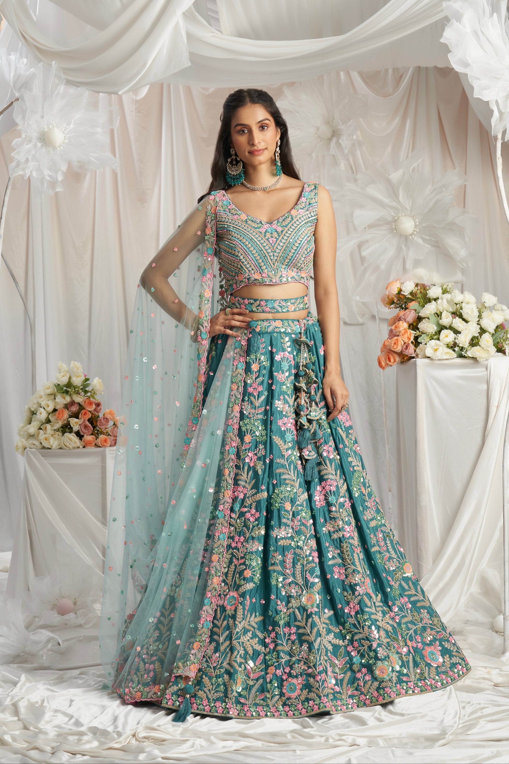 Teal Georgette Lehenga with Multi-Color Sequins & Zarkan Embroidery