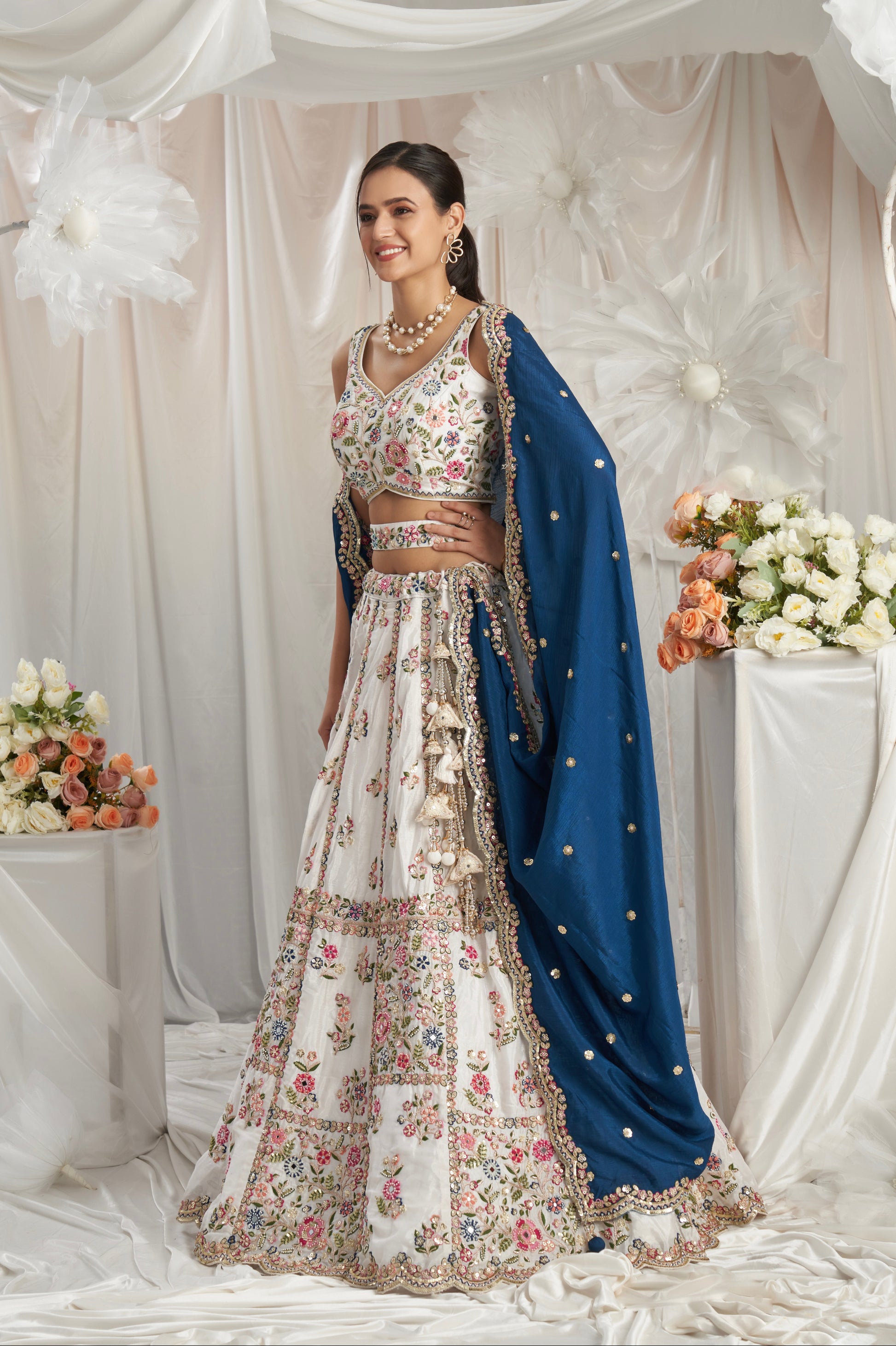 Cream Georgette Lehenga with Moti, Mirror, and Sequins Embroidery