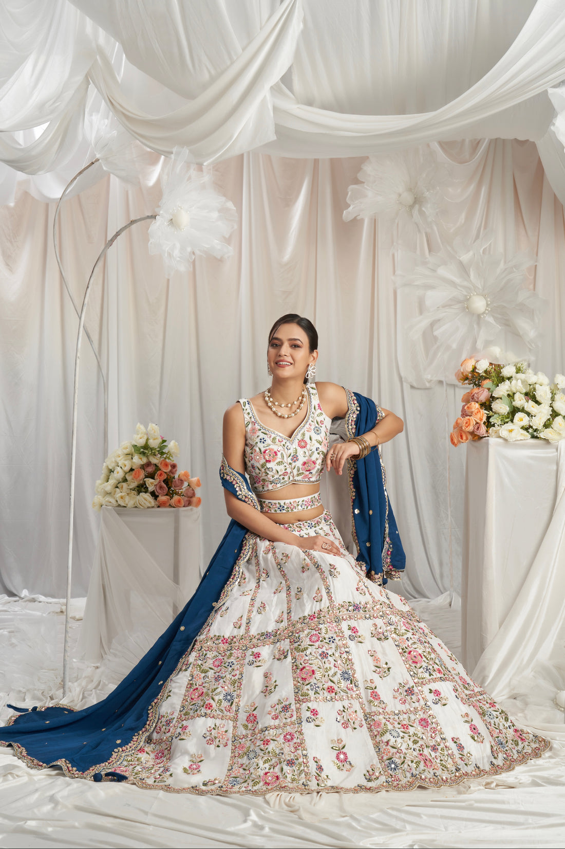 Cream Georgette Lehenga with Moti, Mirror, and Sequins Embroidery