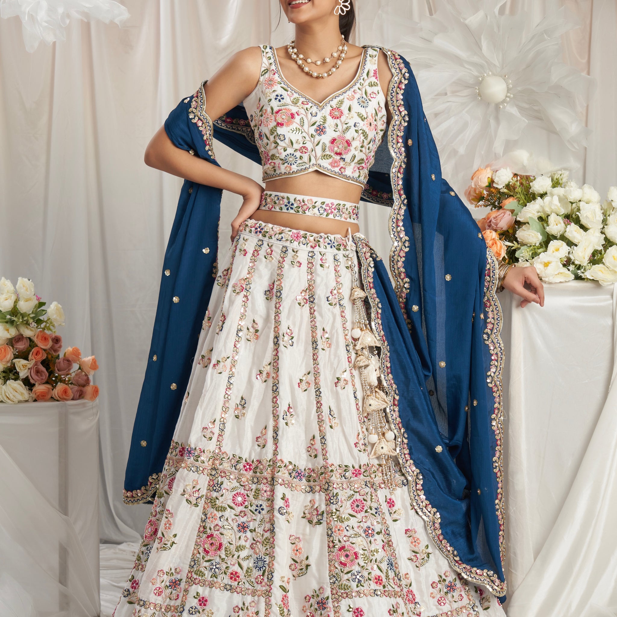 Cream Georgette Lehenga with Moti, Mirror, and Sequins Embroidery