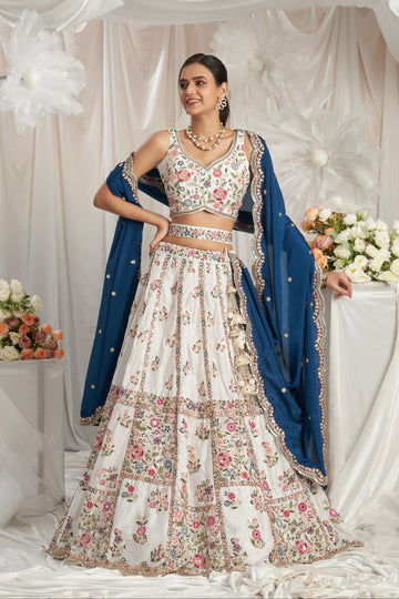 Cream Georgette Lehenga with Moti, Mirror, and Sequins Embroidery