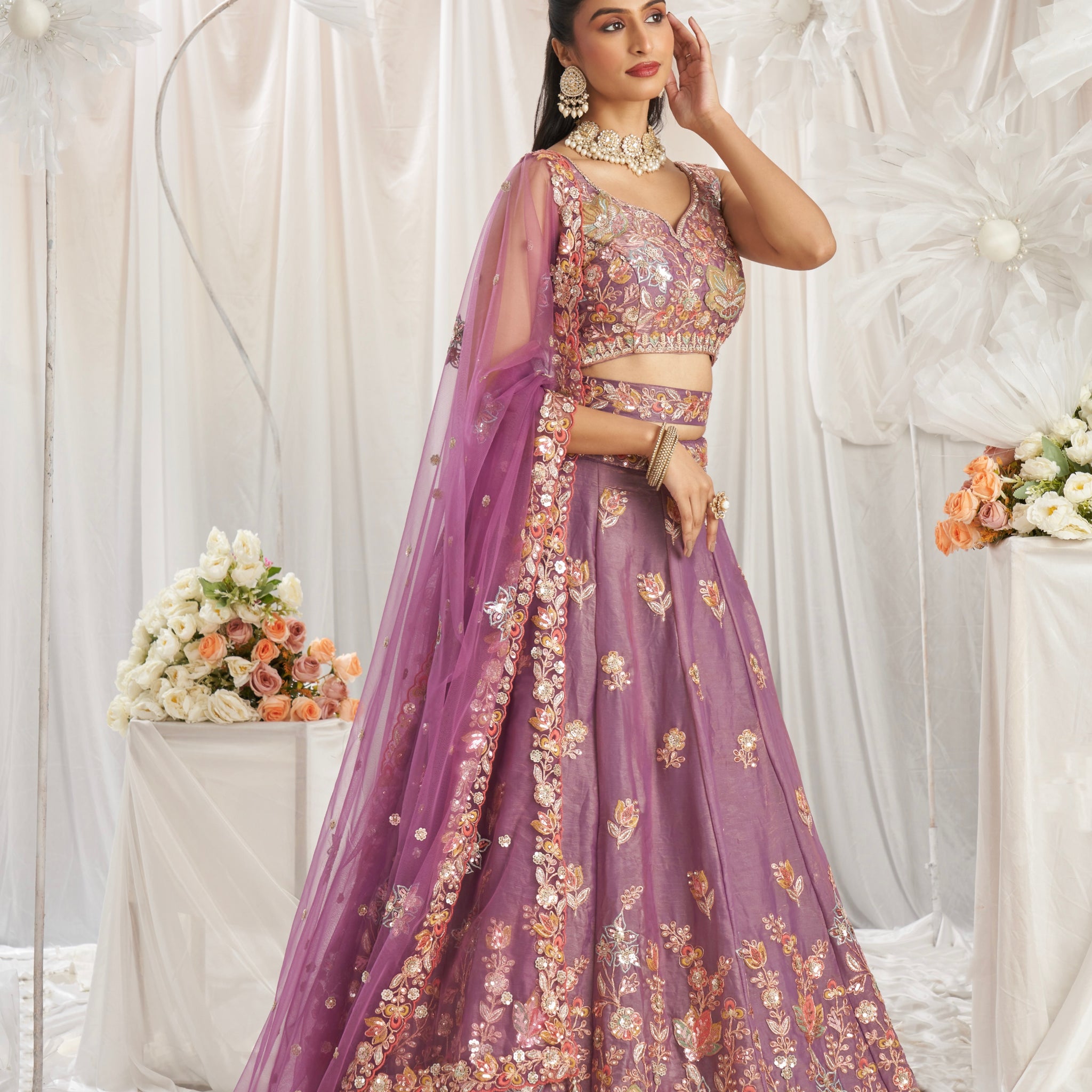 Lavender Organza Lehenga with Multi-Color Sequins & Zarkan Embroidery