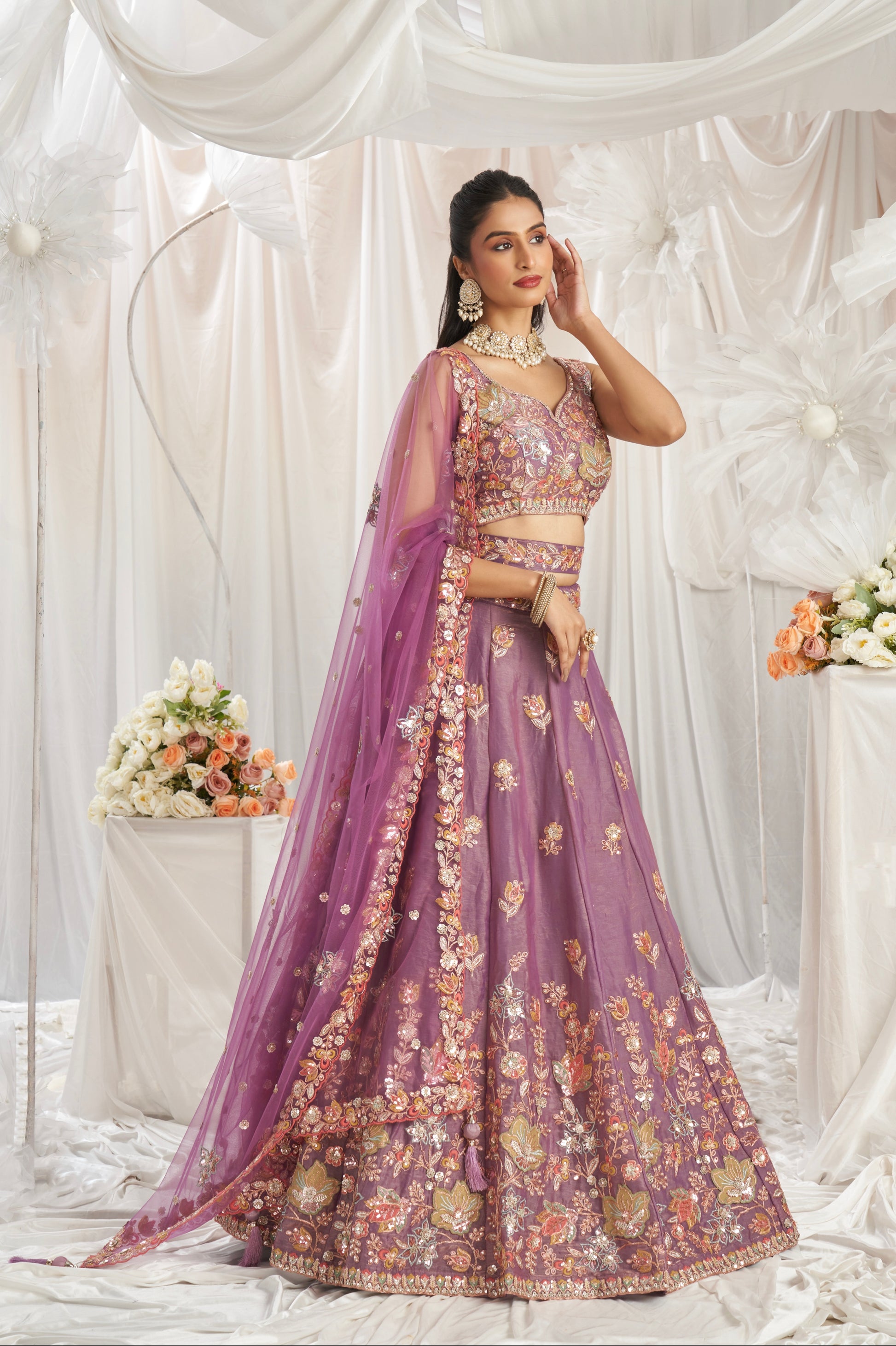 Lavender Organza Lehenga with Multi-Color Sequins & Zarkan Embroidery