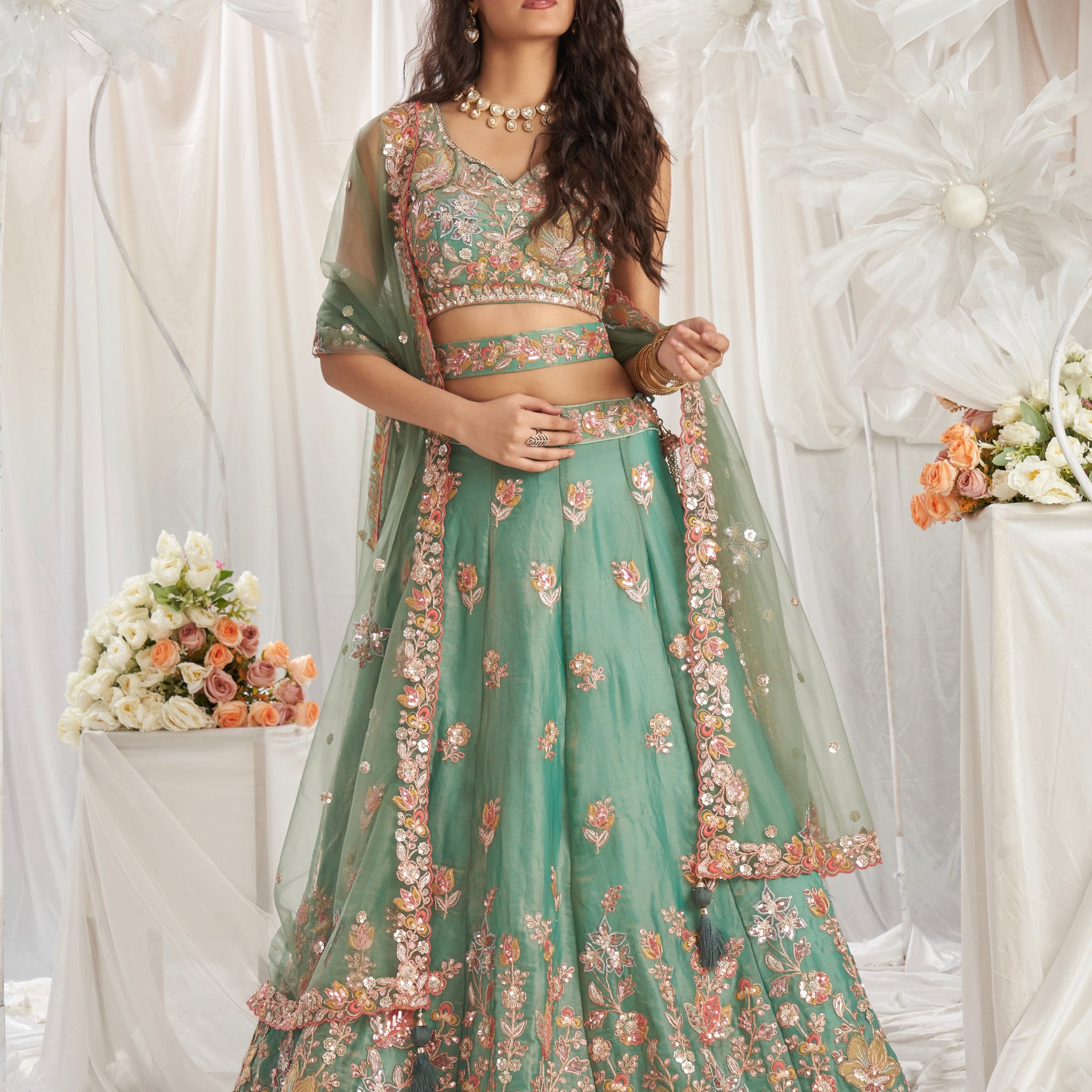 Lime Green Organza Lehenga with Sequins and Zarkan Embroidery