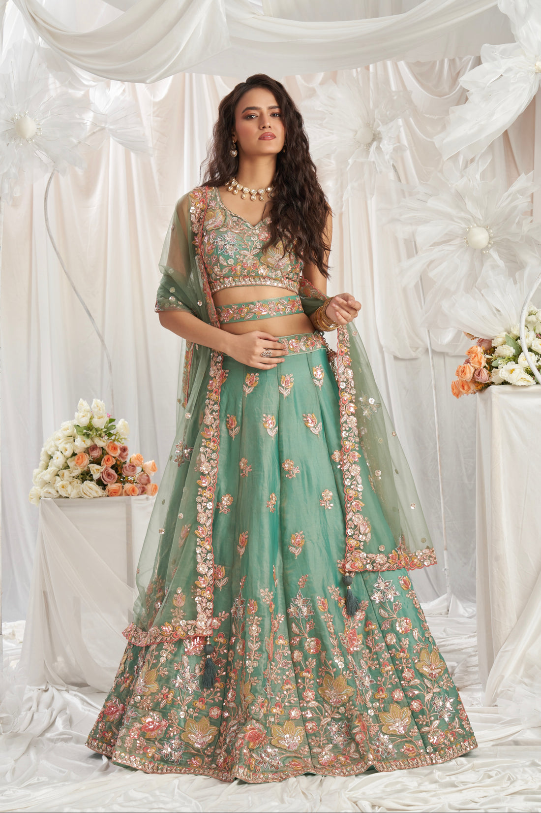 Lime Green Organza Lehenga with Sequins and Zarkan Embroidery