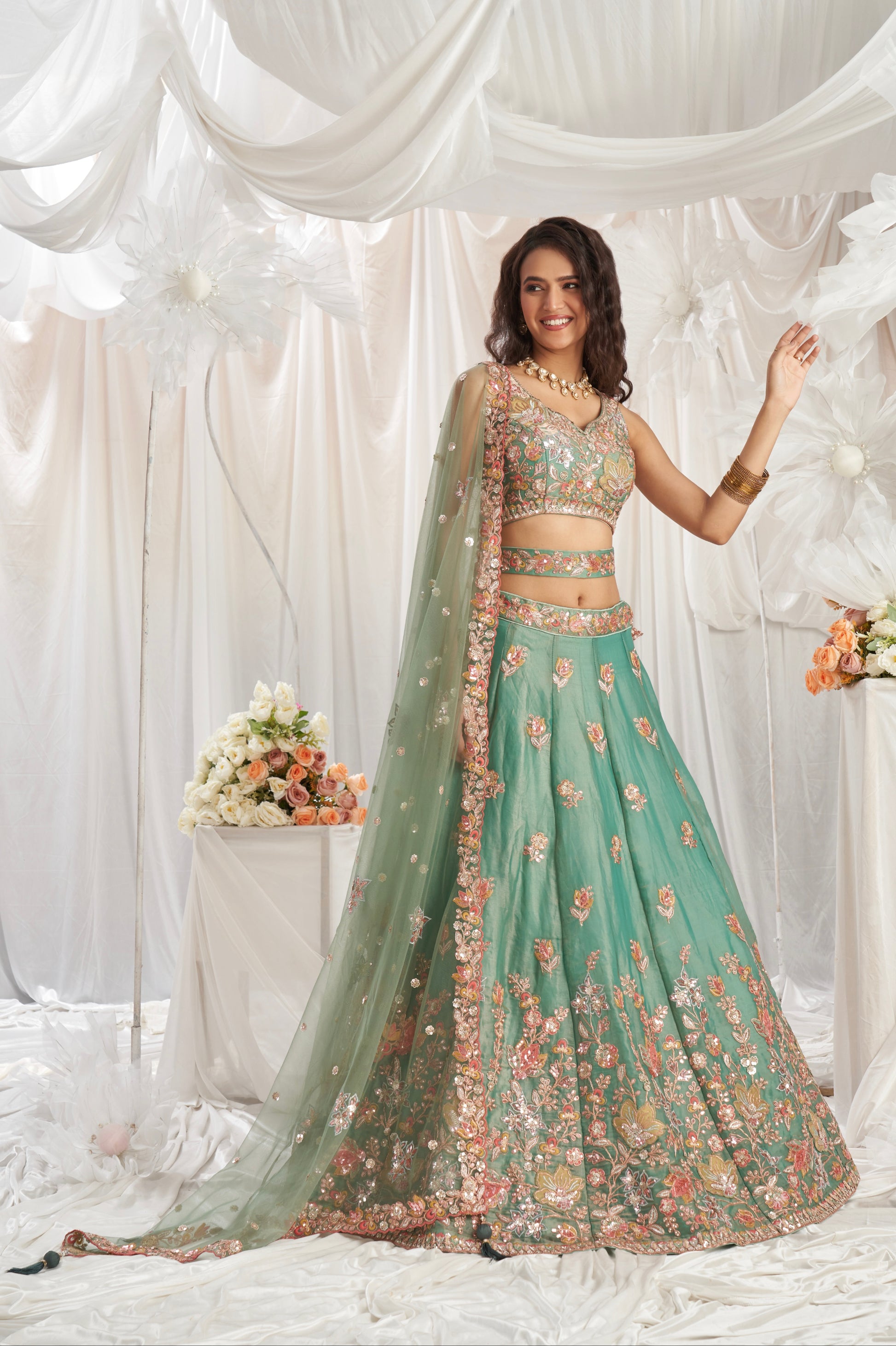 Lime Green Organza Lehenga with Sequins and Zarkan Embroidery