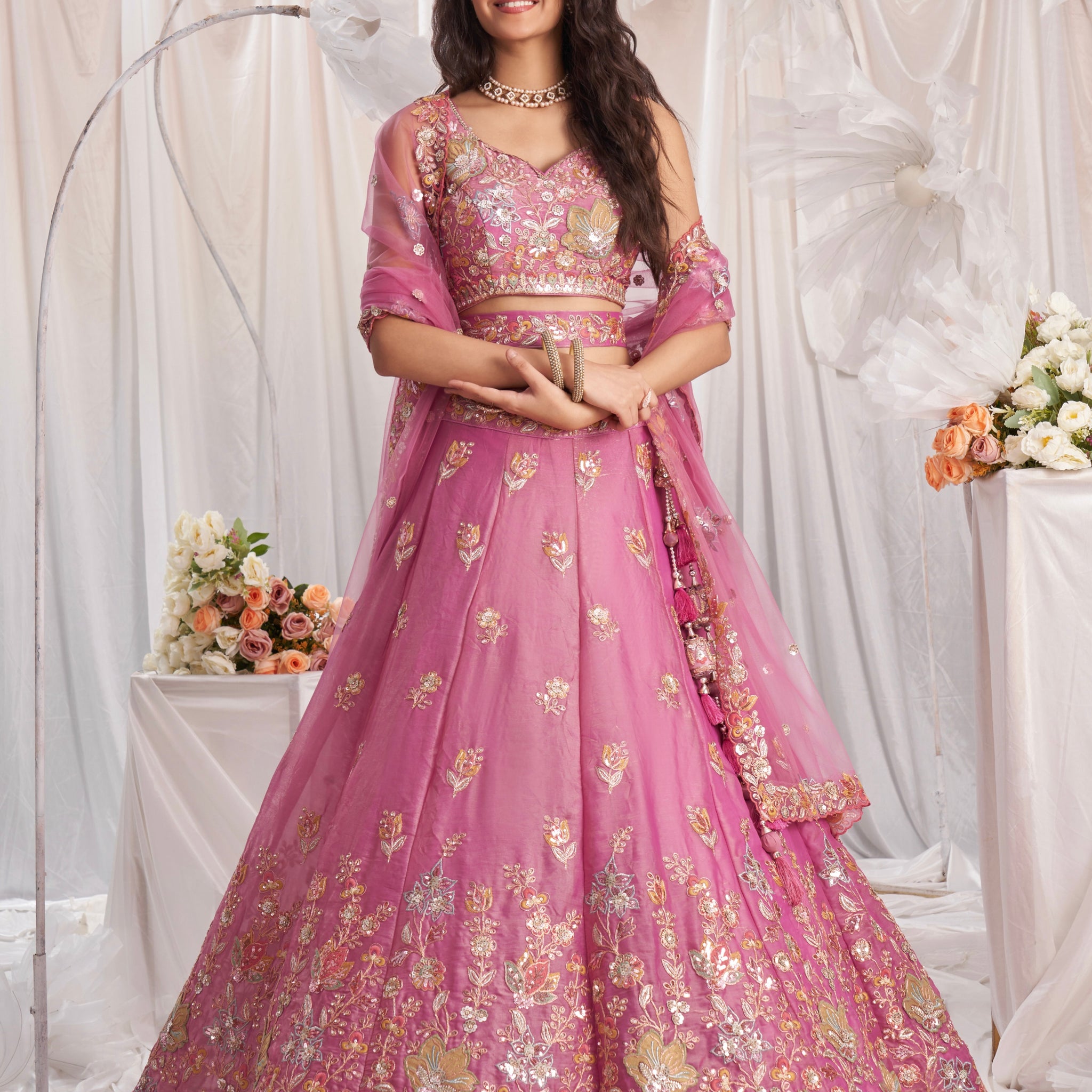 Pink Organza Lehenga with Sequins and Zarkan Embroidery