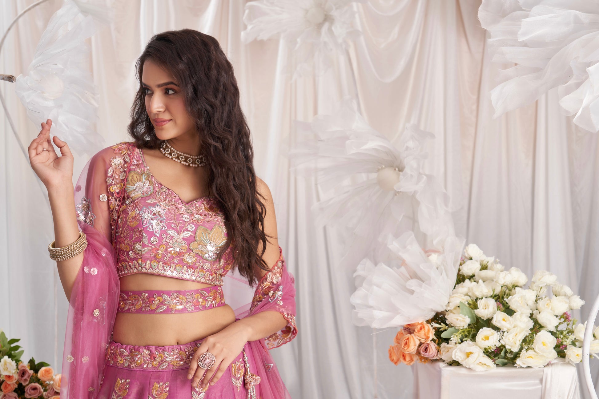 Pink Organza Lehenga with Sequins and Zarkan Embroidery