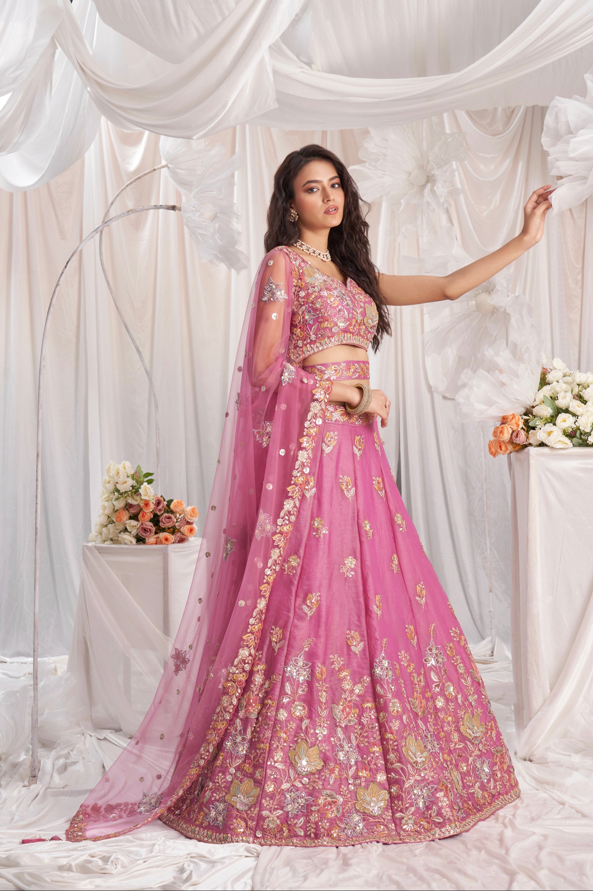 Pink Organza Lehenga with Sequins and Zarkan Embroidery