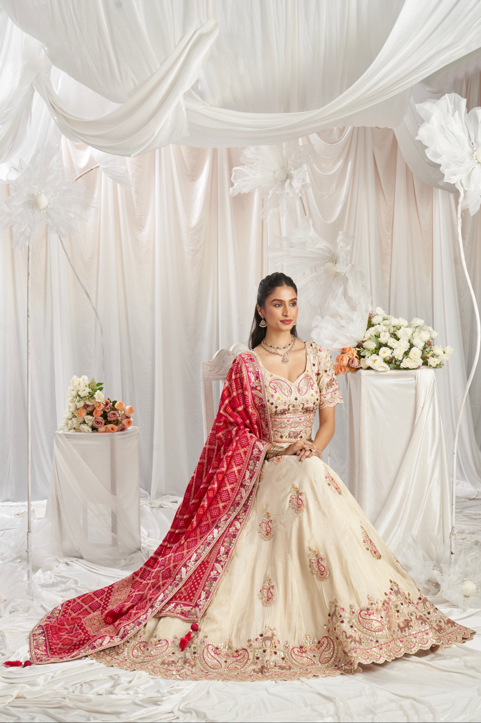 Cream Golden Tissue Lehenga with Gotapatti & Sequins Embroidery