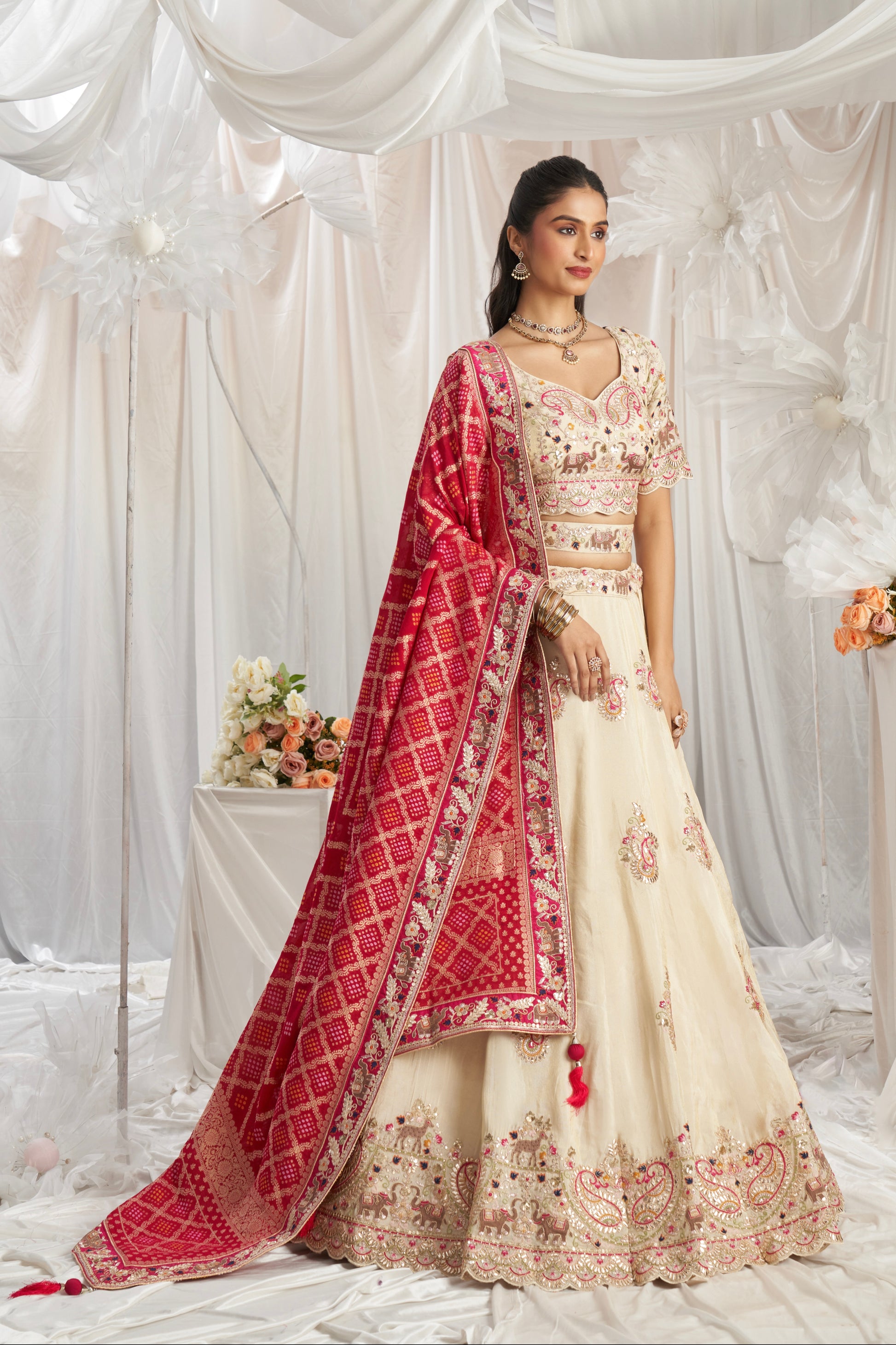 Cream Golden Tissue Lehenga with Gotapatti & Sequins Embroidery