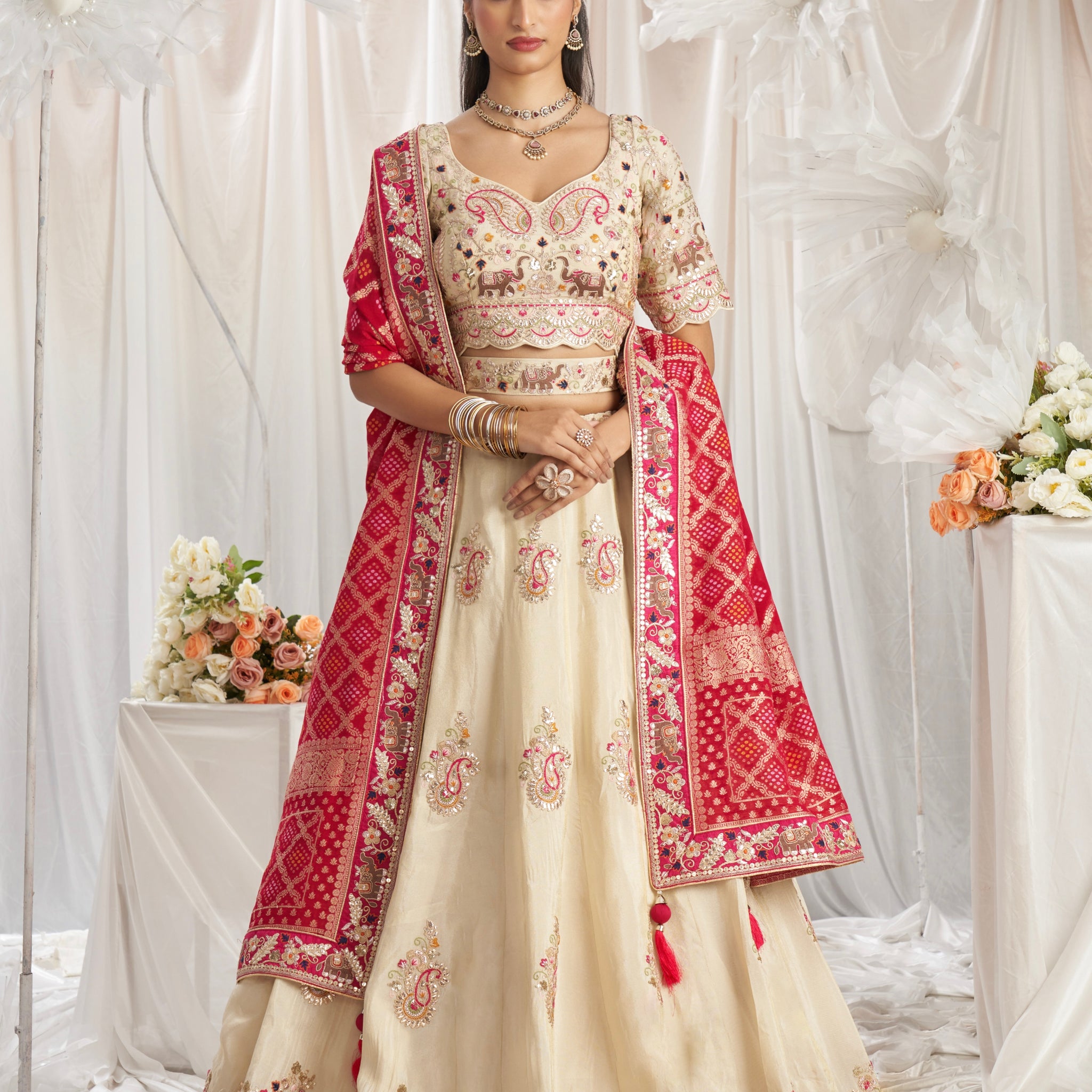 Cream Golden Tissue Lehenga with Gotapatti & Sequins Embroidery