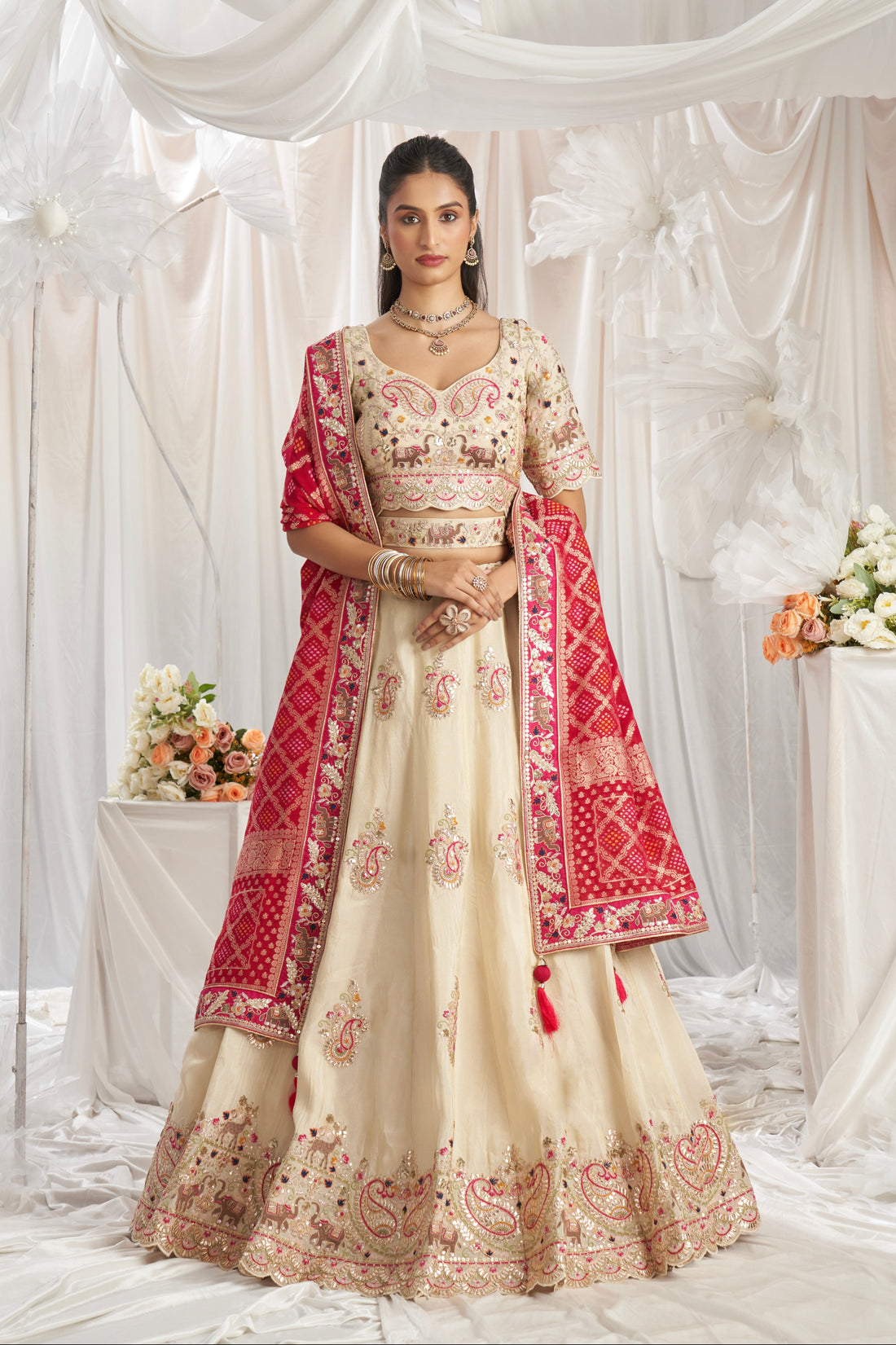 Cream Golden Tissue Lehenga with Gotapatti & Sequins Embroidery