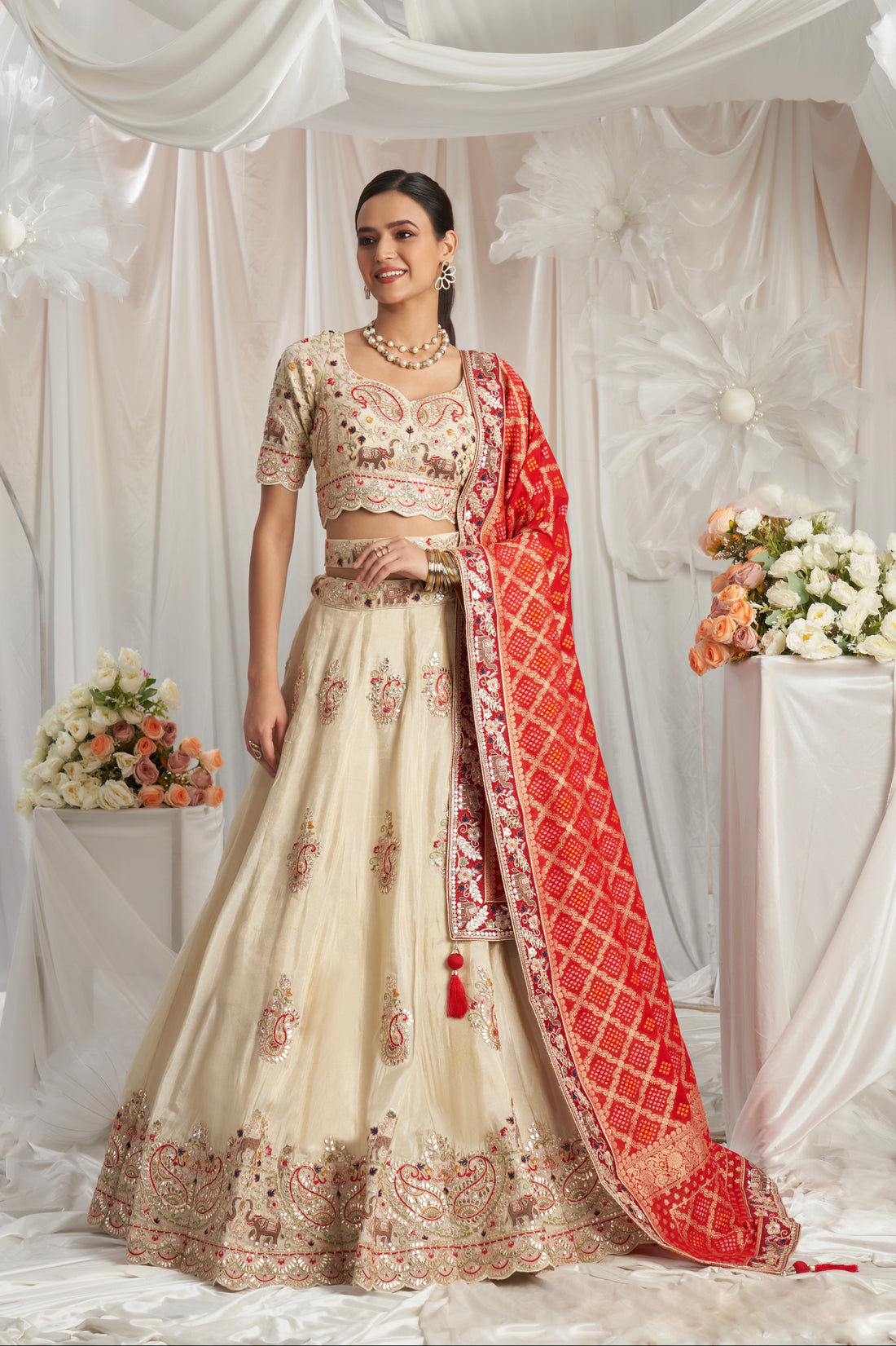 Cream Golden Tissue Lehenga with Gotapatti & Red Jacquard Silk Dupatta