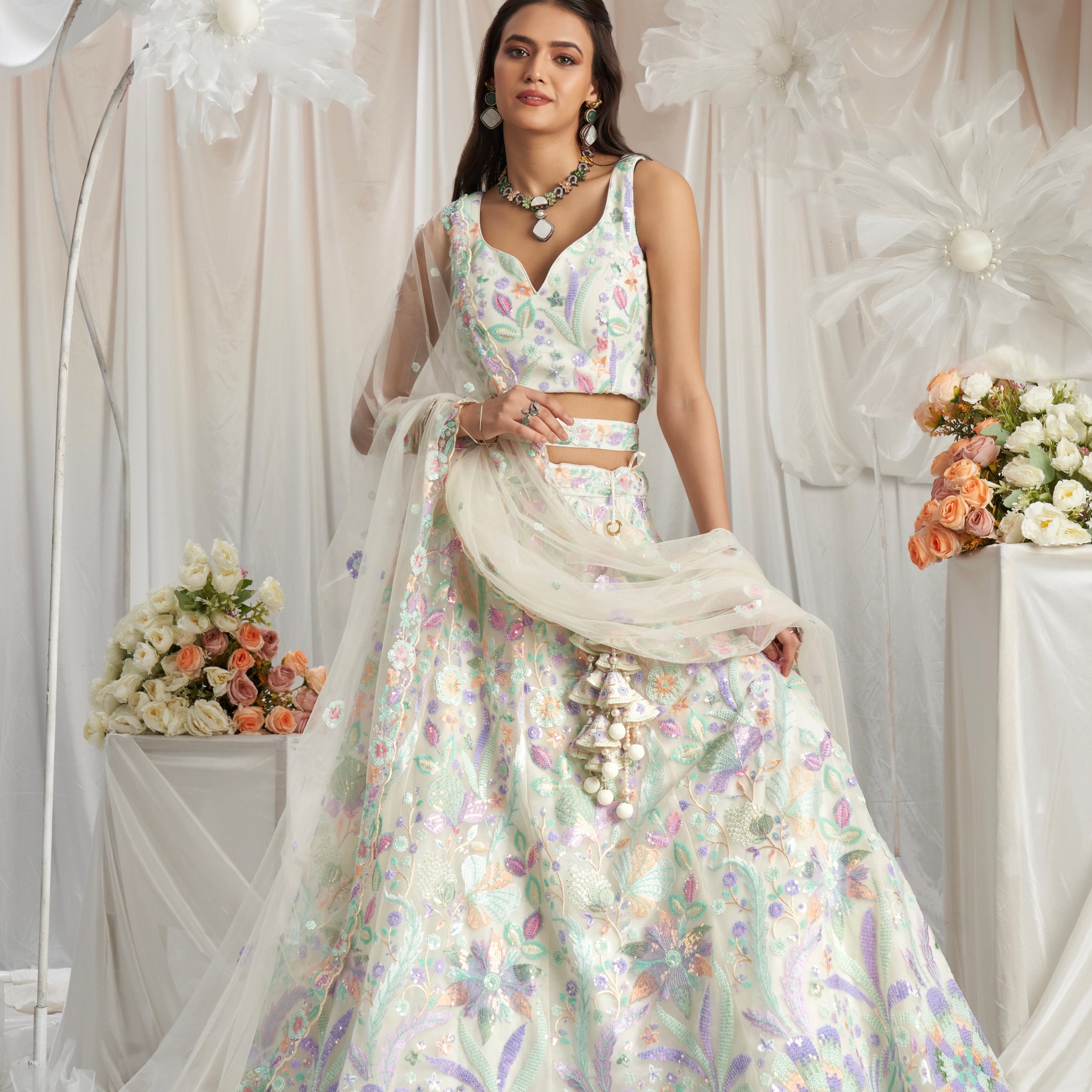 Cream Net Lehenga with Multi-Color Sequins & Embroidered Dupatta