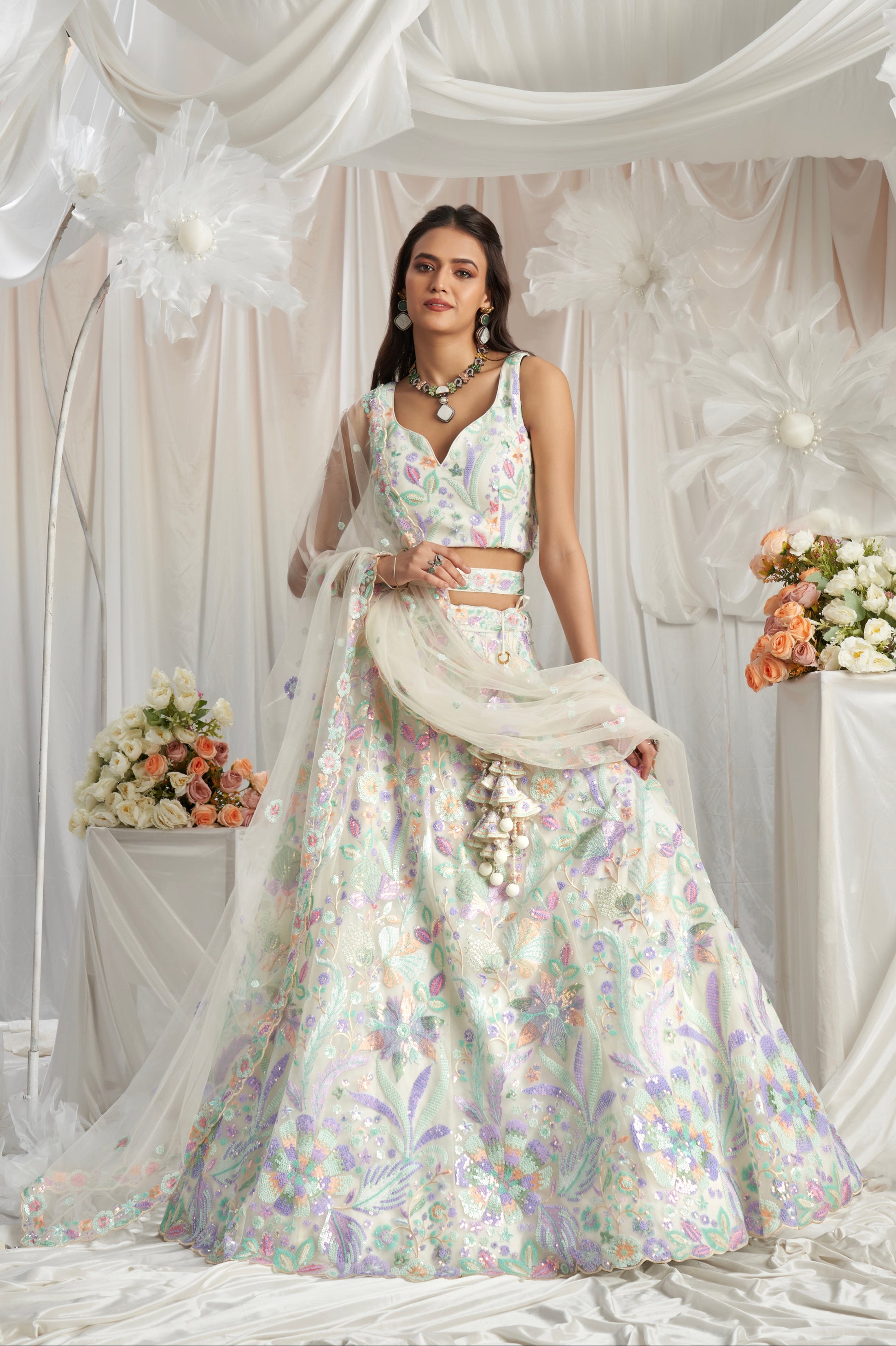 Cream Net Lehenga with Multi-Color Sequins & Embroidered Dupatta