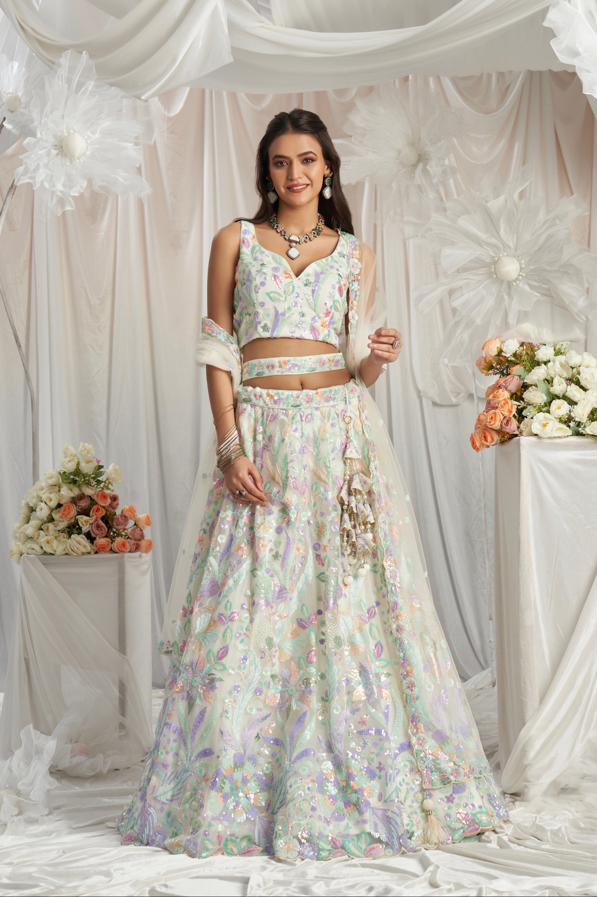 Cream Net Lehenga with Multi-Color Sequins & Embroidered Dupatta