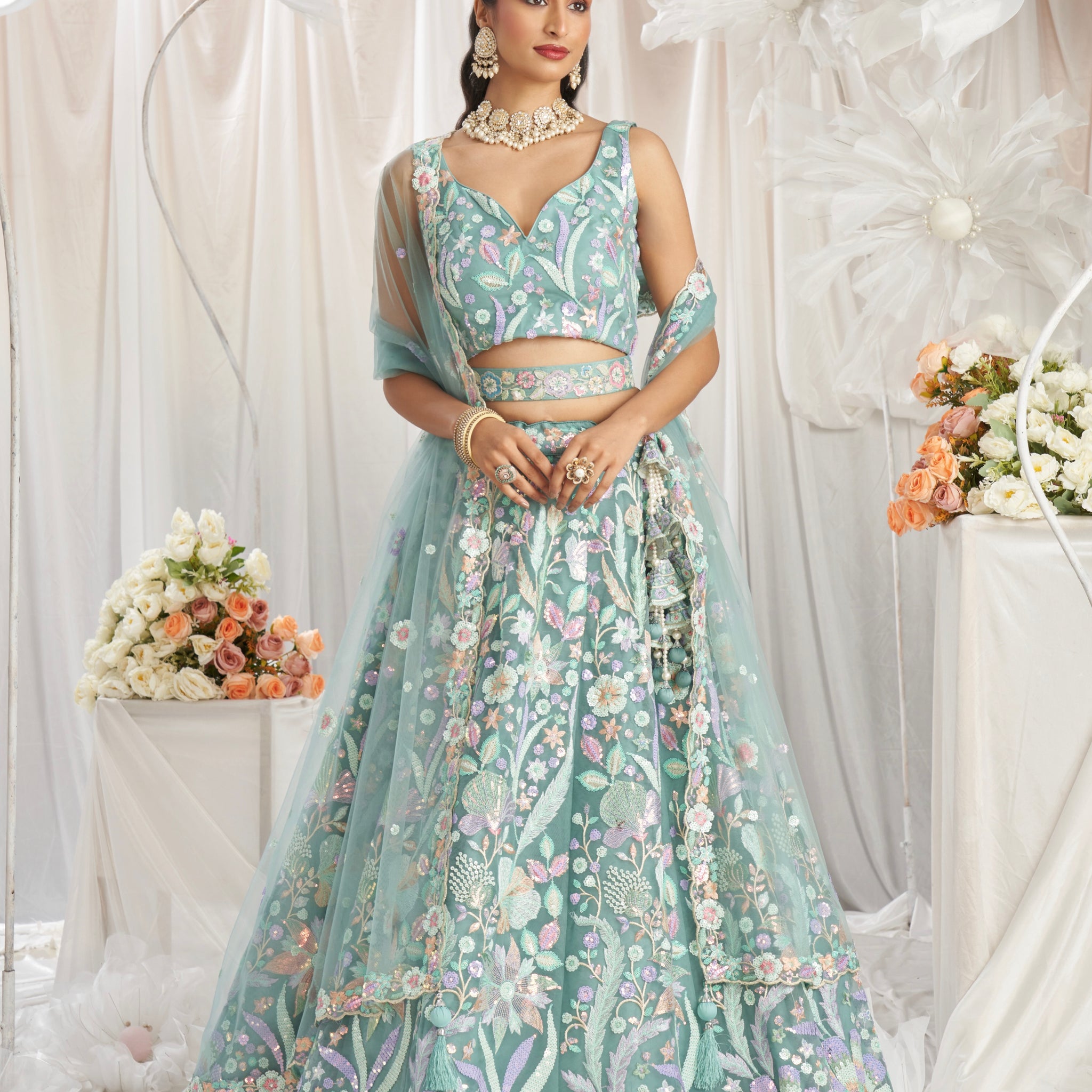 Lime Green Net Lehenga with Multi-Color Sequins & Embroidered Dupatta