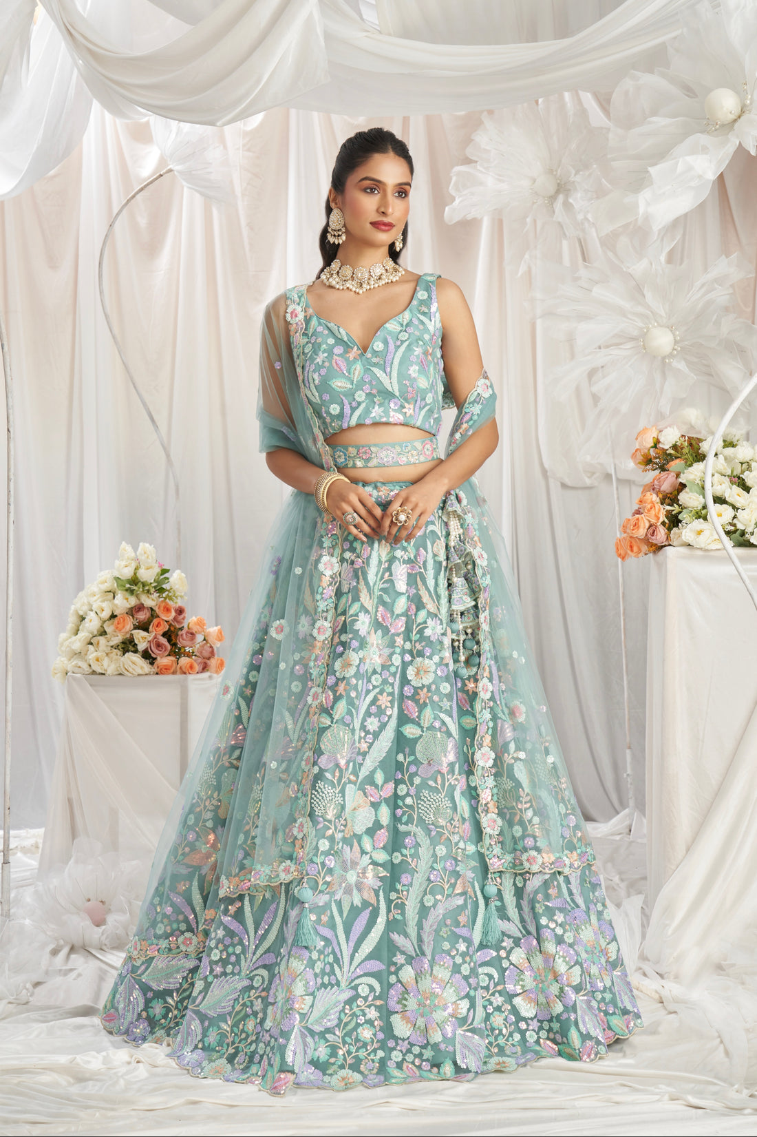 Lime Green Net Lehenga with Multi-Color Sequins & Embroidered Dupatta