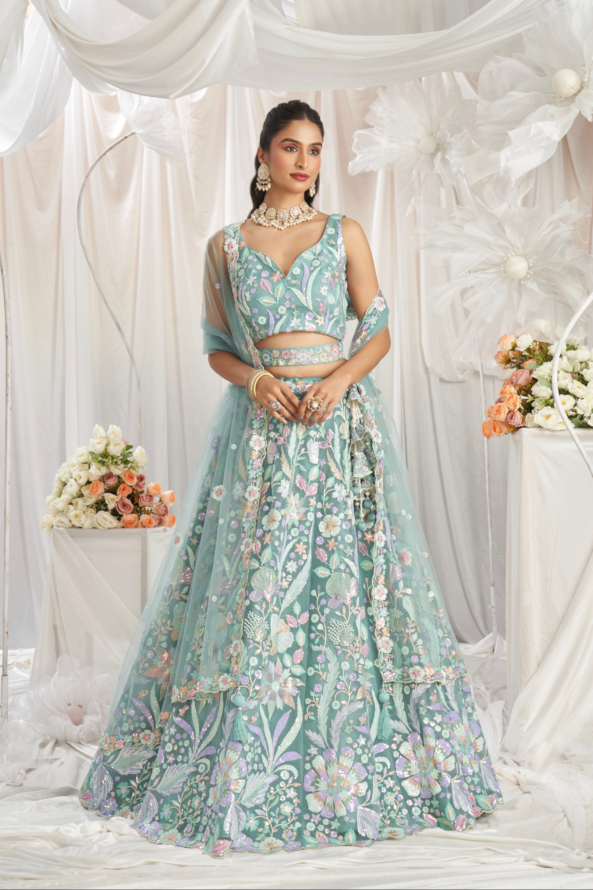 Lime Green Net Lehenga with Multi-Color Sequins & Embroidered Dupatta